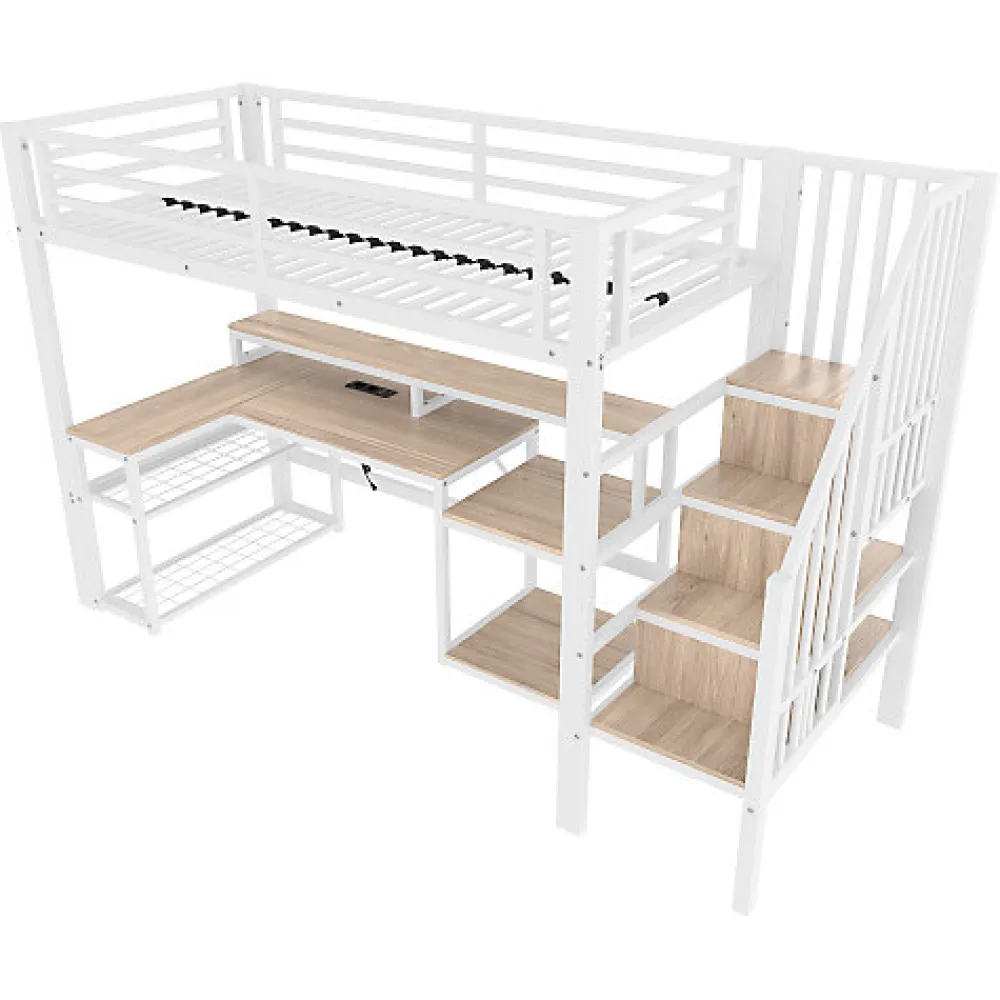 Lit mezzanine 90x200cm - escalier de sécurité - rambarde - LED - bureau - port USB - blanc (matelas non inclus)>ModernLuxe Hot