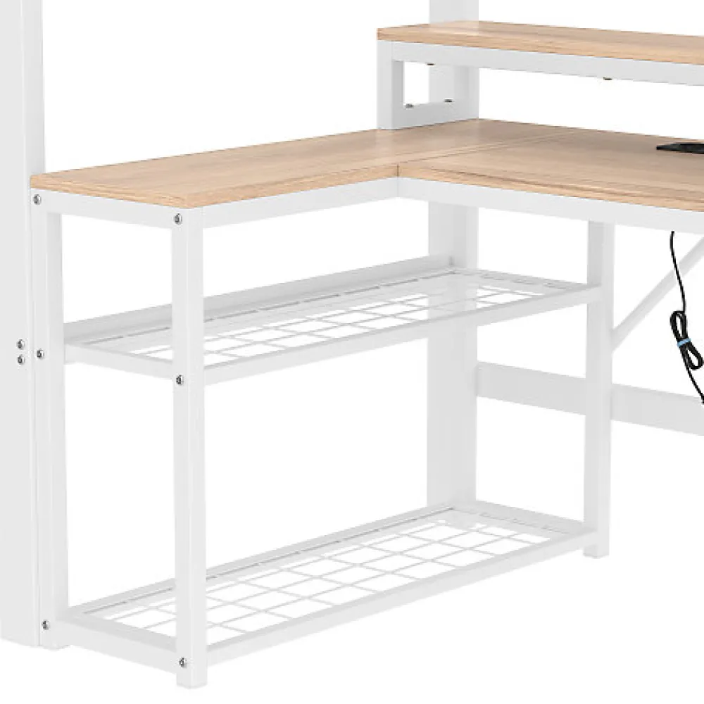 Lit mezzanine 90x200cm - escalier de sécurité - rambarde - LED - bureau - port USB - blanc (matelas non inclus)>ModernLuxe Hot