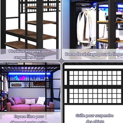 Lit mezzanine 140x200cm - structure en fer - rangements - éclairage LED - noir (matelas non inclus)>ModernLuxe Discount
