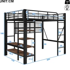 Lit mezzanine 140x200cm - structure en fer - rangements - éclairage LED - noir (matelas non inclus)><noscript><img data-lazyloaded=