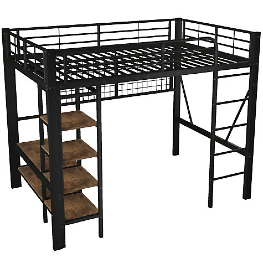 Lit mezzanine 140x200cm - structure en fer - rangements - éclairage LED - noir (matelas non inclus)>ModernLuxe Discount