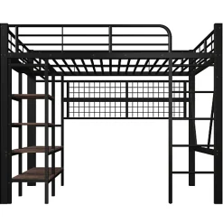 Lit mezzanine 140x200cm - structure en fer - rangements - éclairage LED - noir (matelas non inclus)><noscript><img data-lazyloaded=