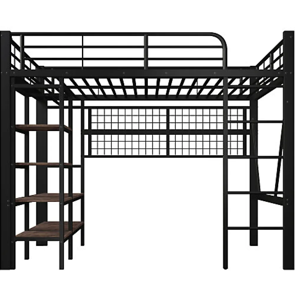 Lit mezzanine 140x200cm - structure en fer - rangements - éclairage LED - noir (matelas non inclus)>ModernLuxe Discount