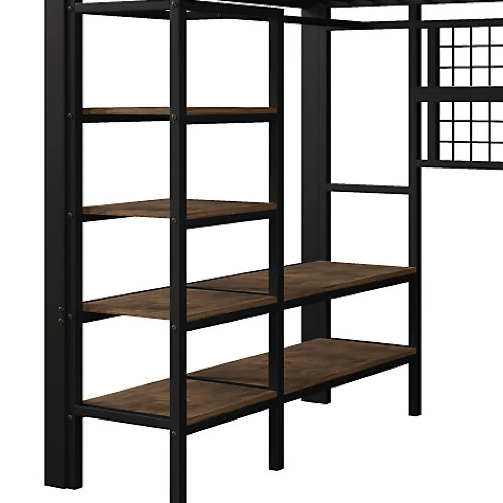 Lit mezzanine 140x200cm - structure en fer - rangements - éclairage LED - noir (matelas non inclus)>ModernLuxe Discount