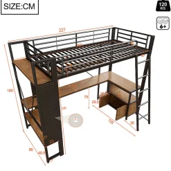 ModernLuxe Lit mezzanine 90x200cm - structure en fer - bureau avec étagère - LED - port USB - noir (matelas non inclus)* Lit Mezzanine