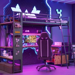 ModernLuxe Lit mezzanine 90x200cm - structure en fer - bureau avec étagère - LED - port USB - noir (matelas non inclus)* Lit Mezzanine