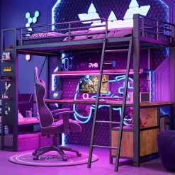 ModernLuxe Lit mezzanine 90x200cm - structure en fer - bureau avec étagère - LED - port USB - noir (matelas non inclus)* Lit Mezzanine