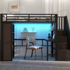 Lit mezzanine 90x200cm - structure en fer - bureau - rangements - LED - escalier - noir (matelas non inclus)>ModernLuxe Best