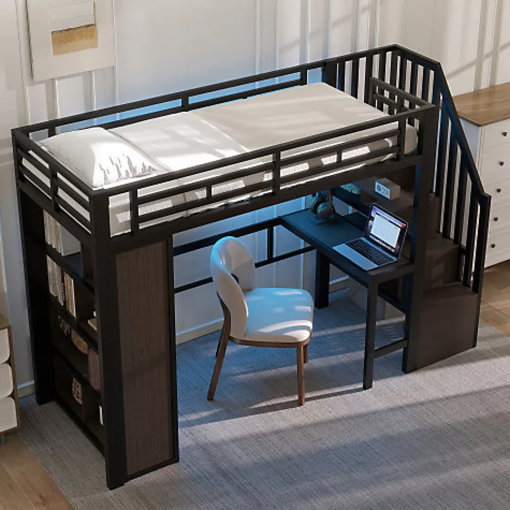 Lit mezzanine 90x200cm - structure en fer - bureau - rangements - LED - escalier - noir (matelas non inclus)>ModernLuxe Best