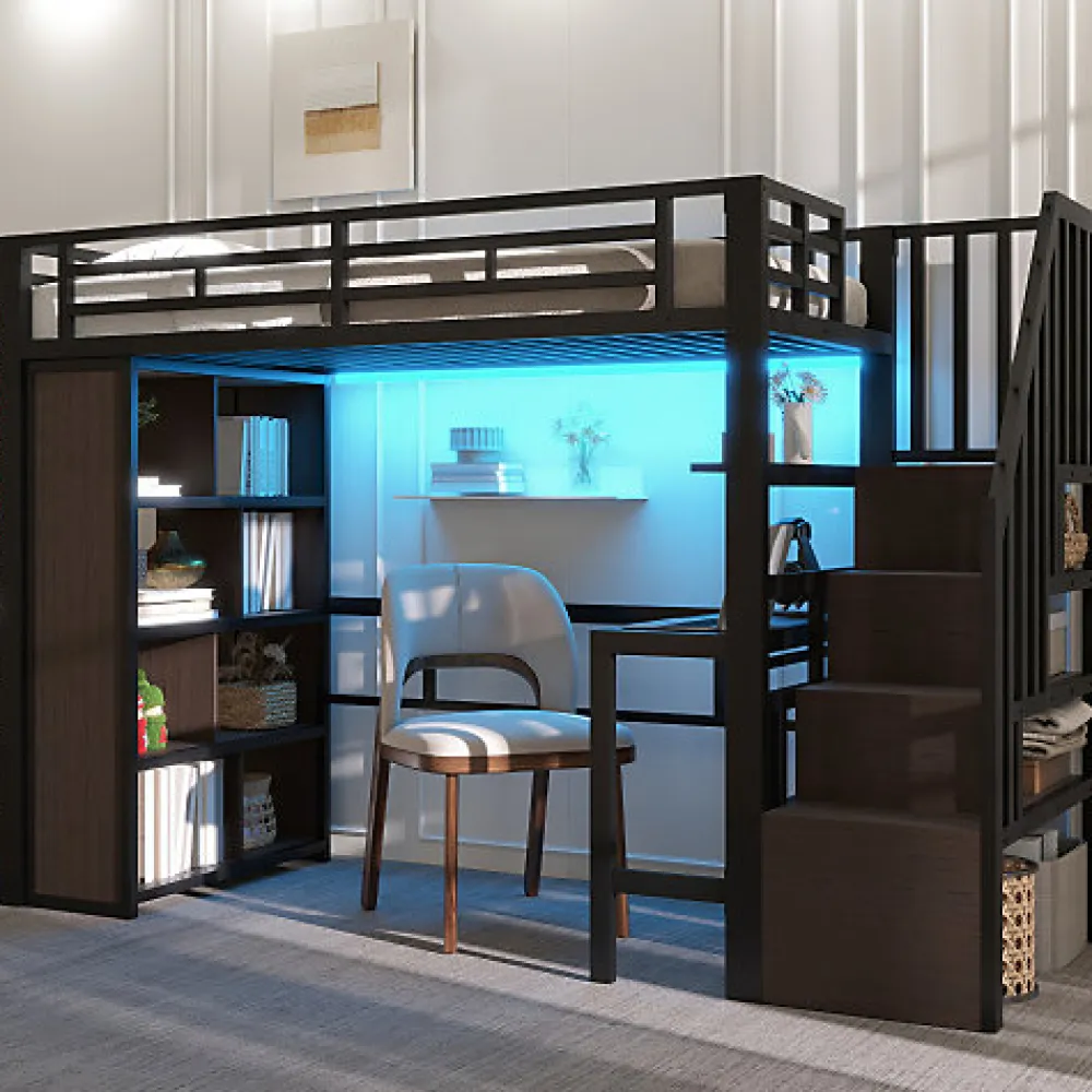 Lit mezzanine 90x200cm - structure en fer - bureau - rangements - LED - escalier - noir (matelas non inclus)>ModernLuxe Best