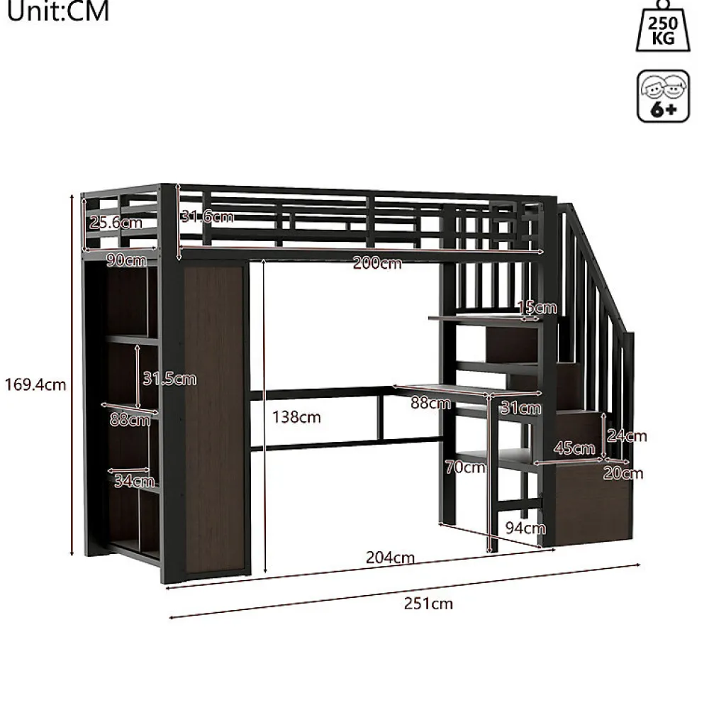 Lit mezzanine 90x200cm - structure en fer - bureau - rangements - LED - escalier - noir (matelas non inclus)>ModernLuxe Best