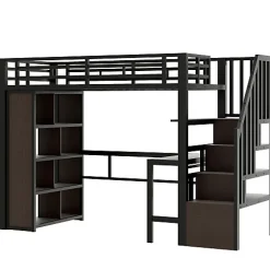 Lit mezzanine 90x200cm - structure en fer - bureau - rangements - LED - escalier - noir (matelas non inclus)><noscript><img width=