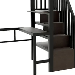 Lit mezzanine 90x200cm - structure en fer - bureau - rangements - LED - escalier - noir (matelas non inclus)><noscript><img width=