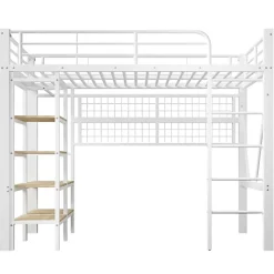 ModernLuxe Lit mezzanine 90x200cm - structure en fer - rangements - éclairage LED - blanc (matelas non inclus)* Lit Mezzanine