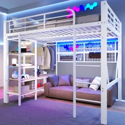 Lit mezzanine 140x200cm - structure en fer - rangements - éclairage LED - blanc (matelas non inclus)>ModernLuxe Outlet