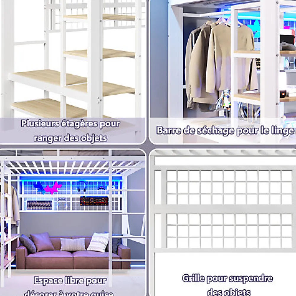 Lit mezzanine 140x200cm - structure en fer - rangements - éclairage LED - blanc (matelas non inclus)>ModernLuxe Outlet