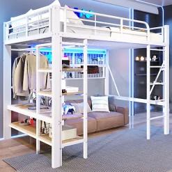Lit mezzanine 140x200cm - structure en fer - rangements - éclairage LED - blanc (matelas non inclus)><noscript><img width=