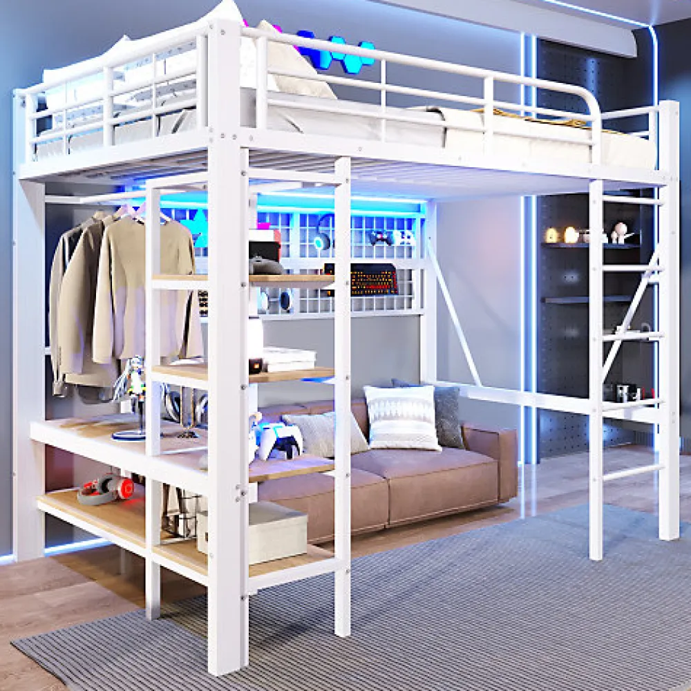 Lit mezzanine 140x200cm - structure en fer - rangements - éclairage LED - blanc (matelas non inclus)>ModernLuxe Outlet
