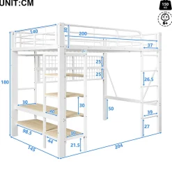 Lit mezzanine 140x200cm - structure en fer - rangements - éclairage LED - blanc (matelas non inclus)><noscript><img width=