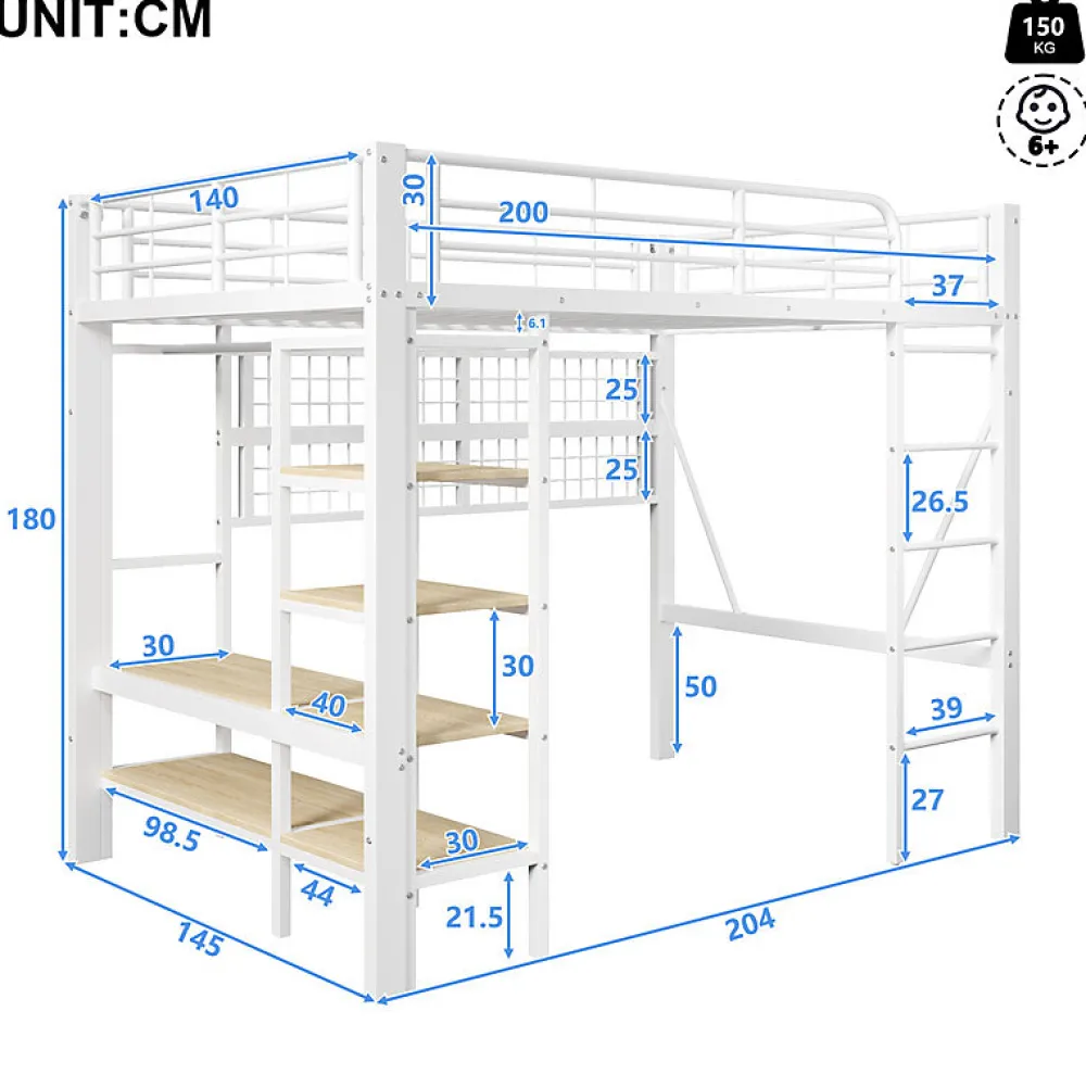 Lit mezzanine 140x200cm - structure en fer - rangements - éclairage LED - blanc (matelas non inclus)>ModernLuxe Outlet