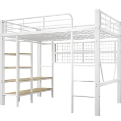 Lit mezzanine 140x200cm - structure en fer - rangements - éclairage LED - blanc (matelas non inclus)><noscript><img width=