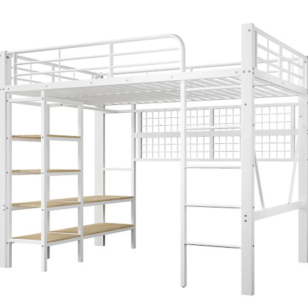 Lit mezzanine 140x200cm - structure en fer - rangements - éclairage LED - blanc (matelas non inclus)>ModernLuxe Outlet