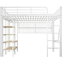 Lit mezzanine 140x200cm - structure en fer - rangements - éclairage LED - blanc (matelas non inclus)><noscript><img width=