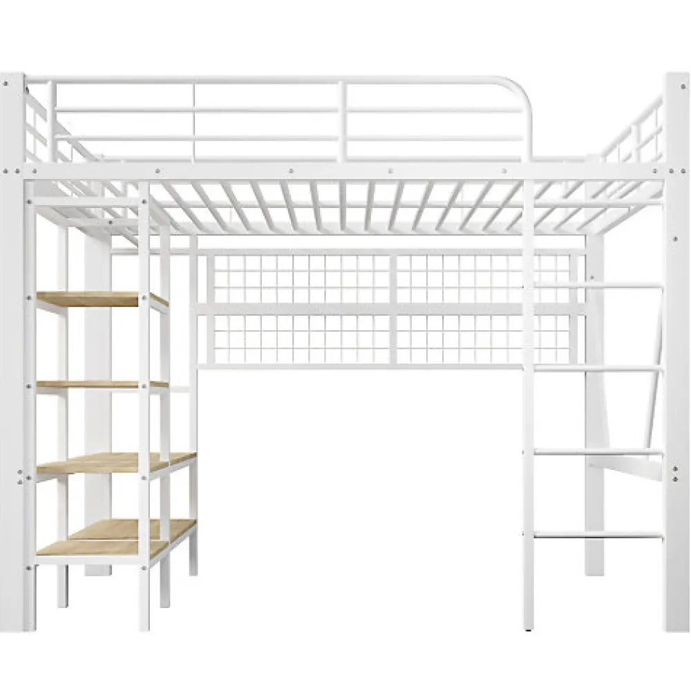 Lit mezzanine 140x200cm - structure en fer - rangements - éclairage LED - blanc (matelas non inclus)>ModernLuxe Outlet