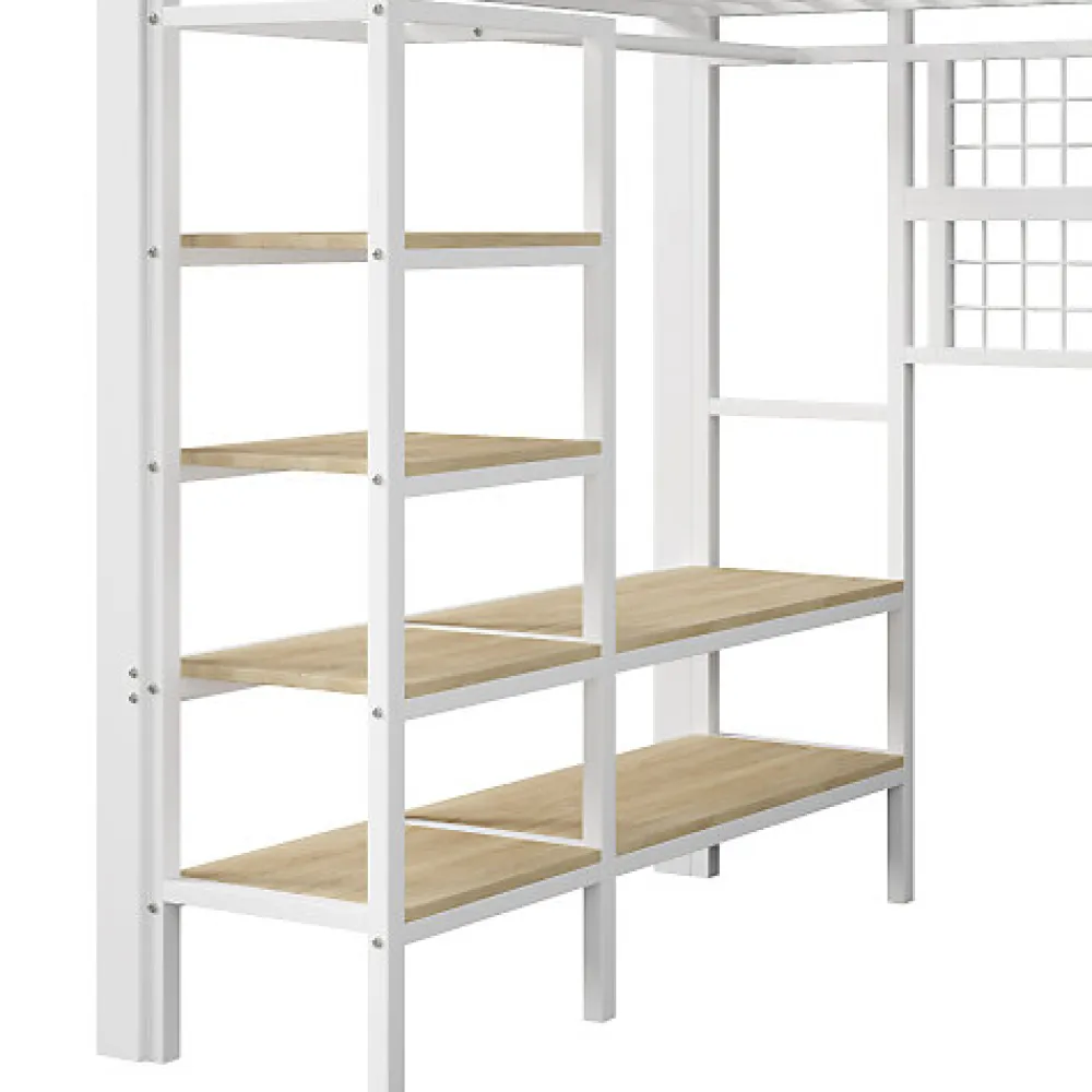 Lit mezzanine 140x200cm - structure en fer - rangements - éclairage LED - blanc (matelas non inclus)>ModernLuxe Outlet
