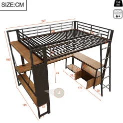 Lit mezzanine 140x200cm - structure en fer - bureau avec étagère - LED - port USB - noir (matelas non inclus)><noscript><img width=