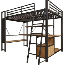 Lit mezzanine 140x200cm - structure en fer - bureau avec étagère - LED - port USB - noir (matelas non inclus)><noscript><img width=