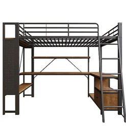 Lit mezzanine 140x200cm - structure en fer - bureau avec étagère - LED - port USB - noir (matelas non inclus)><noscript><img width=
