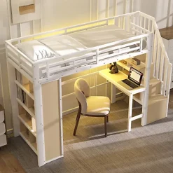 ModernLuxe Lit mezzanine 90x200cm - structure en fer - bureau - rangements - LED - escalier - blanc (matelas non inclus)* Lit Mezzanine