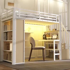 ModernLuxe Lit mezzanine 90x200cm - structure en fer - bureau - rangements - LED - escalier - blanc (matelas non inclus)* Lit Mezzanine