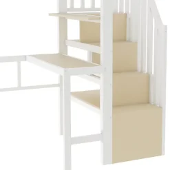 ModernLuxe Lit mezzanine 90x200cm - structure en fer - bureau - rangements - LED - escalier - blanc (matelas non inclus)* Lit Mezzanine