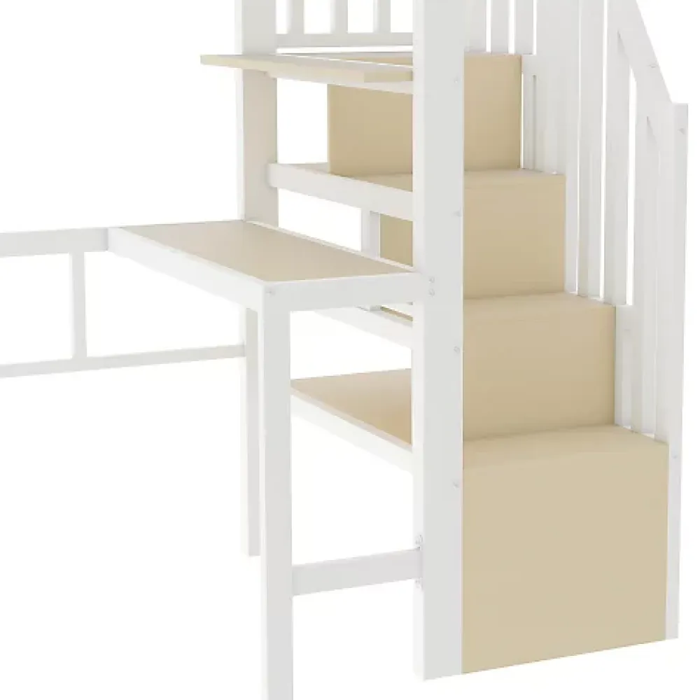 ModernLuxe Lit mezzanine 90x200cm - structure en fer - bureau - rangements - LED - escalier - blanc (matelas non inclus)* Lit Mezzanine