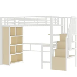 ModernLuxe Lit mezzanine 90x200cm - structure en fer - bureau - rangements - LED - escalier - blanc (matelas non inclus)* Lit Mezzanine