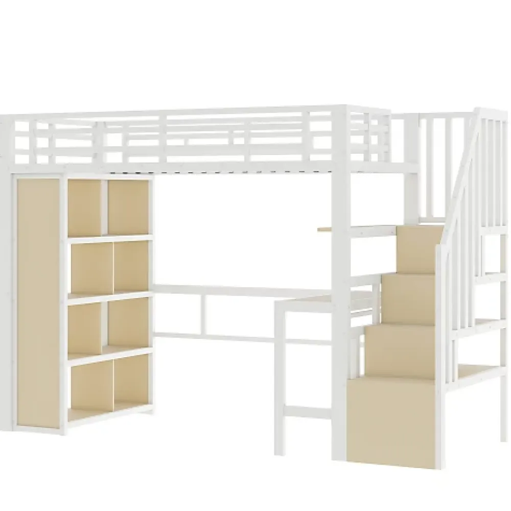 ModernLuxe Lit mezzanine 90x200cm - structure en fer - bureau - rangements - LED - escalier - blanc (matelas non inclus)* Lit Mezzanine