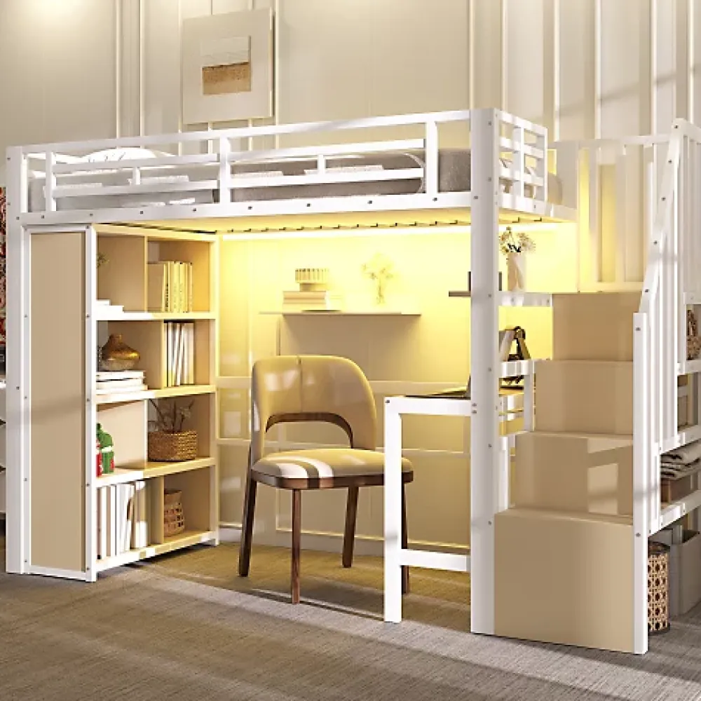 ModernLuxe Lit mezzanine 90x200cm - structure en fer - bureau - rangements - LED - escalier - blanc (matelas non inclus)* Lit Mezzanine