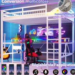 Lit mezzanine 140x200cm - structure en fer - bureau intégré - LED - USB et prise - blanc (matelas non inclus)><noscript><img width=