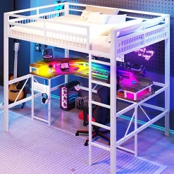 Lit mezzanine 140x200cm - structure en fer - bureau intégré - LED - USB et prise - blanc (matelas non inclus)><noscript><img width=