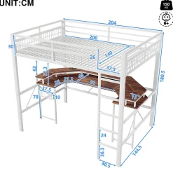 Lit mezzanine 140x200cm - structure en fer - bureau intégré - LED - USB et prise - blanc (matelas non inclus)><noscript><img width=
