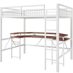 Lit mezzanine 140x200cm - structure en fer - bureau intégré - LED - USB et prise - blanc (matelas non inclus)><noscript><img width=