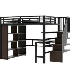 ModernLuxe Lit mezzanine 140x200cm - structure en fer - bureau - rangements - LED - escalier - noir (matelas non inclus)* Lit Mezzanine