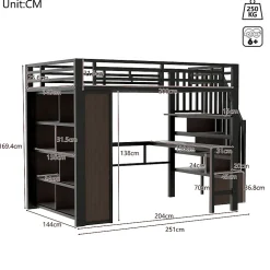 ModernLuxe Lit mezzanine 140x200cm - structure en fer - bureau - rangements - LED - escalier - noir (matelas non inclus)* Lit Mezzanine