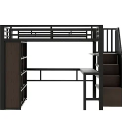 ModernLuxe Lit mezzanine 140x200cm - structure en fer - bureau - rangements - LED - escalier - noir (matelas non inclus)* Lit Mezzanine
