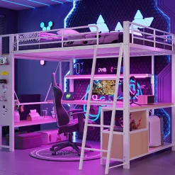 Lit mezzanine 140x200cm - structure en fer - bureau avec étagère - LED - port USB - blanc (matelas non inclus)>ModernLuxe New