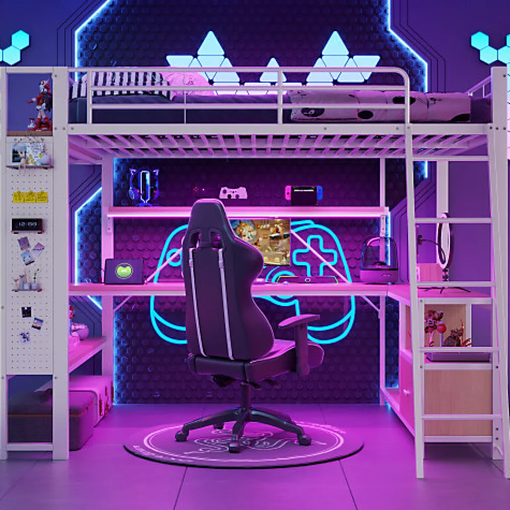 Lit mezzanine 140x200cm - structure en fer - bureau avec étagère - LED - port USB - blanc (matelas non inclus)>ModernLuxe New