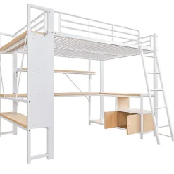 Lit mezzanine 140x200cm - structure en fer - bureau avec étagère - LED - port USB - blanc (matelas non inclus)><noscript><img data-lazyloaded=