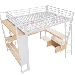 Lit mezzanine 140x200cm - structure en fer - bureau avec étagère - LED - port USB - blanc (matelas non inclus)><noscript><img data-lazyloaded=